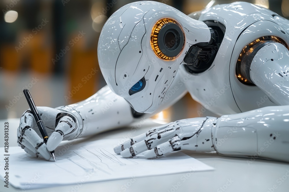 Poster advanced robot writes notes on a sheet of paper in a modern work environment