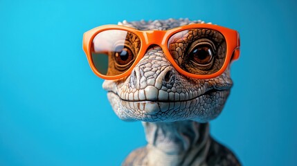 A dinosaur wearing orange sunglasses poses coolly against a bright blue background