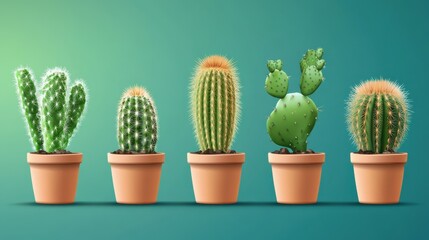 Variety of potted cacti on gradient green background displaying diverse shapes and textures