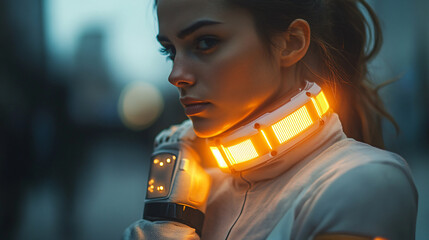 Woman holding microphone with futuristic fitness tracker embedded in smart clothing