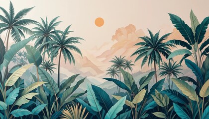 Sunset over tropical jungle forest digital art tranquil aerial perspective nature beauty