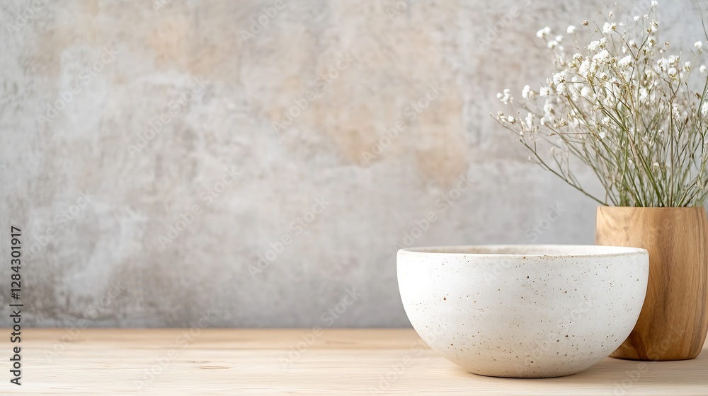 Aufkleber a serene still life featuring a simple white bowl and a wooden vase with delicate flowers against a 