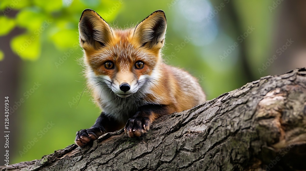 Poster A curious red fox perched on a tree branch enjoying a sunny day in the forest : Generative AI