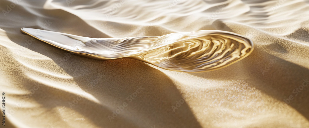 Poster a golden metallic object resembling a curved spoon resting on textured golden sand, symbolizing eleg