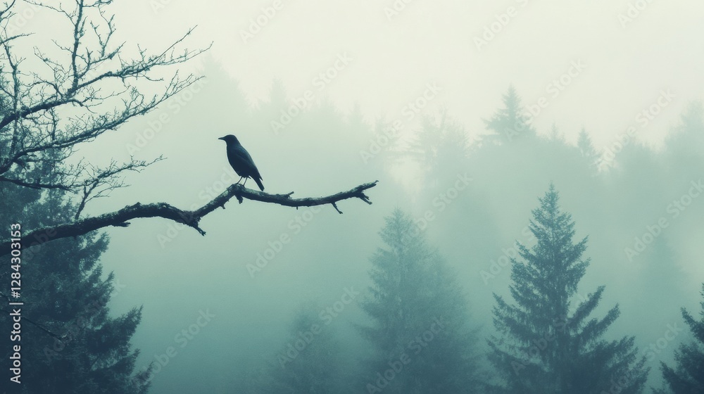 Poster lone bird perched on a dead branch amidst a foggy forest setting during early morning hours. generat