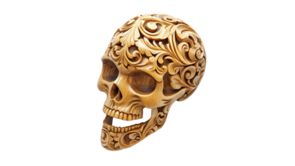 Decorative wooden skull with intricate carvings