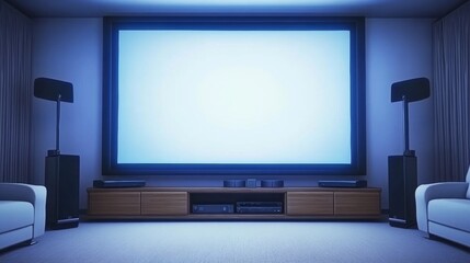 Modern Home Theater with Large Screen Tv Surround Sound and Comfortable White Seating