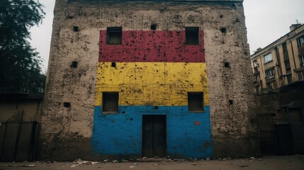 Old Brick Building with Red Yellow and Blue Panels in an Urban Environment