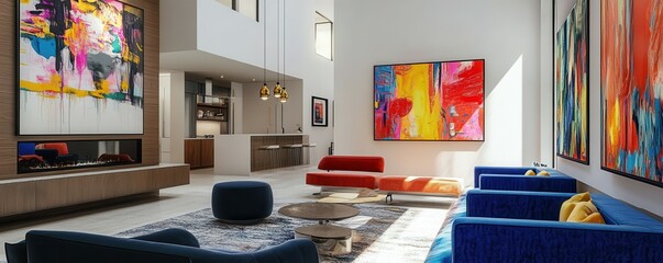 Modern loft living room with colorful abstract art and contemporary furniture