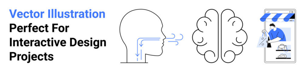 Diagram of human head showing breathing process, brain illustration, and mobile e-commerce storefront. Ideal for health, anatomy, technology, neuroscience, online shopping, education and flat