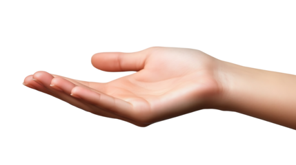 Young woman flat hand holding something isolated on transparent background. high resolution PNG file