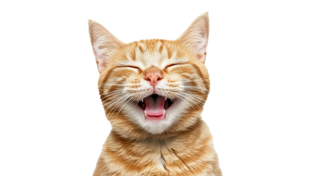 Happy orange cat smiling widely with joy