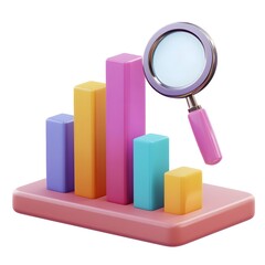 3D Bar Graph Icon with Magnifying Glass on Smooth Gradient White Background