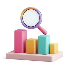 Colorful 3D Bar Graph Icon with Magnifying Glass on White Background