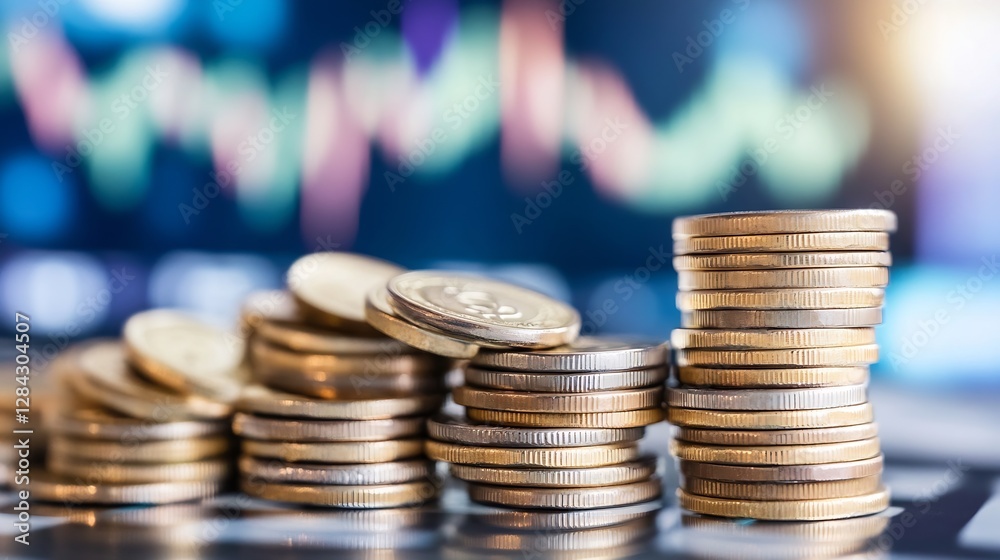 Fototapete Close up view of stacked coins with financial graphs in the background representing economic growth : Generative AI