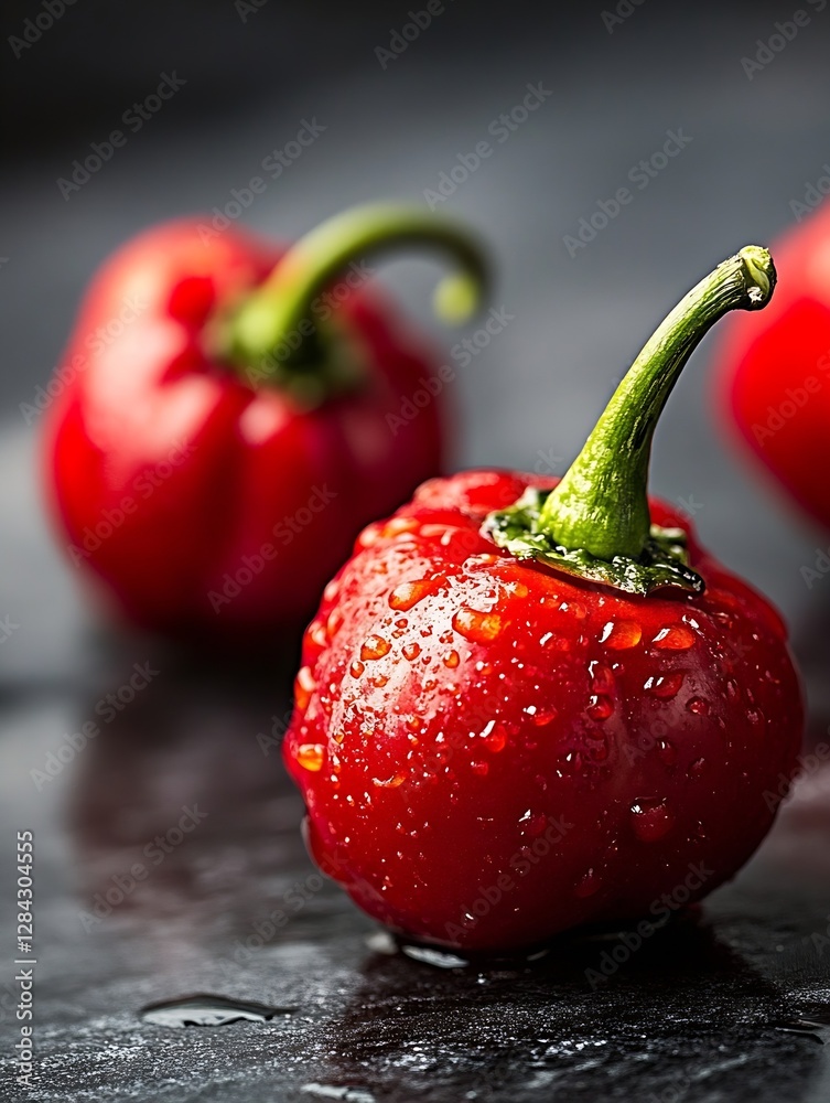 Aufkleber fresh red chili peppers with water drops on dark background for culinary use : generative ai