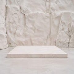 an empty podium made from light-colored marble stone and wall