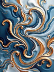 Elegant abstract smooth dynamic composition Digital artwork with flowing swirls and curves. Harmonious palette of deep blue, shimmering gold, and pure white, Royalty luxury vintage look. Invitation