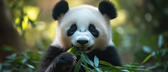 Obraz premium Closeup of a panda eating bamboo leaves, with soft sunlight highlighting its face