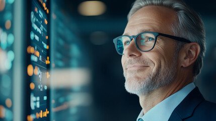 Confident businessman smiling while analyzing data on digital screen, showcasing modern technology and professional environment