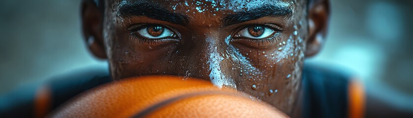Closeup of focused basketball player, intense expression, action shot, dramatic arena lighting