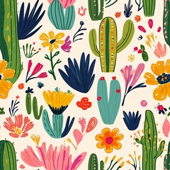 Seamless pattern ith cactus and flowers in vibrant colors. 