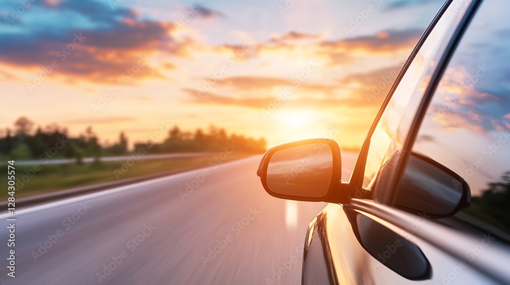 Poster dynamic photo of a car speeding down a highway during sunset with vibrant colors lighting up the sky