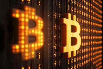 A rotating safe lock featuring the bitcoin symbol embodies the concept of global banking, cryptocurrency integration, and business security in the  market