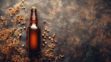 Amber beer bottle, rustic background, grains, top view
