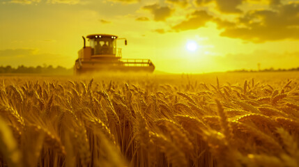 Fototapeta premium A tractor in a field of wheat at sunset