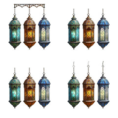 Obraz premium A set of four Arabic-style lanterns with different colors and patterns, against a transparent background. png