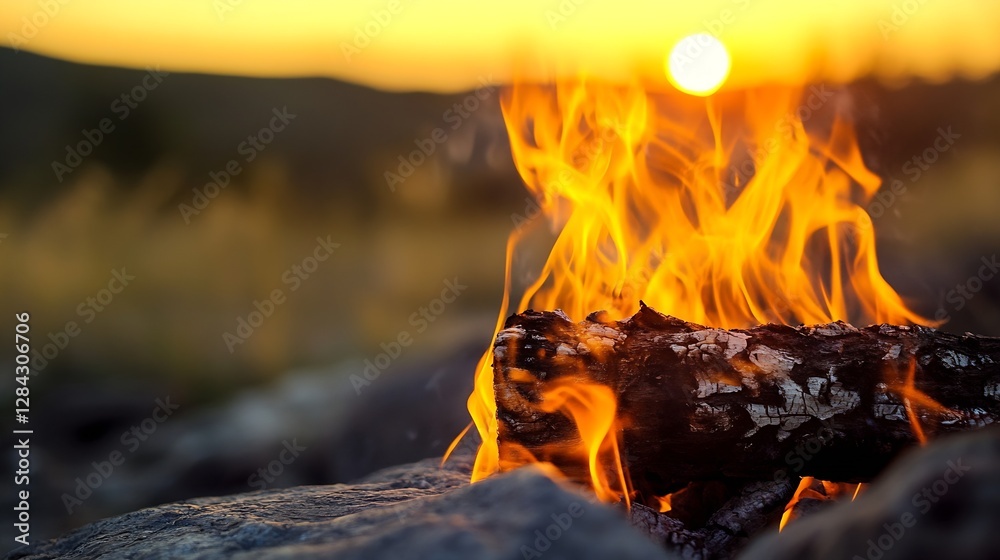 Poster captivating closeup of a burning log showcasing vibrant flames against a stunning sunset background 