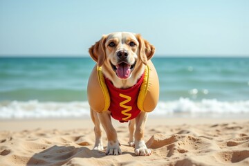 Dog in hotdog costume stands on sandy beach, smiling against ocean backdrop. Concept highlights playful nature of pets enjoying summer days on the shore.