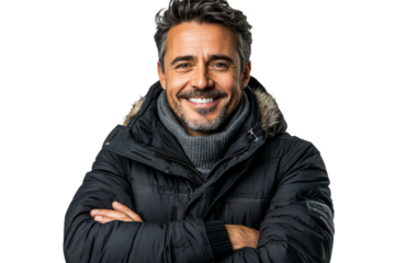 Man in winter jacket smiling with confidence