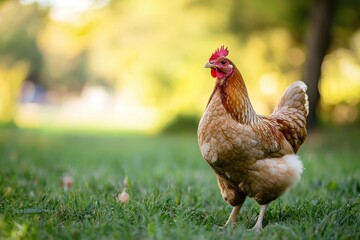 Brown hen forages in a sunny meadow during a warm afternoon in the countryside. Generative AI