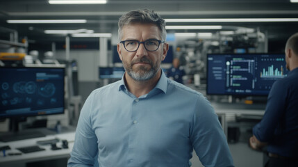 Fototapeta premium confident man in blue shirt stands in modern office with technology. He has glasses and beard, surrounded by screens displaying data and graphs, conveying professional atmosphere