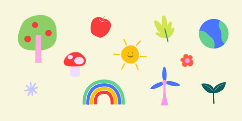 Cute Nature elements Vector Illustration Set. Earth, Tree, Sun, Plants, Flowers, Rainbow, Earthling, Green. 