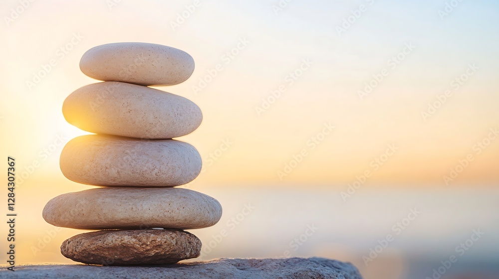 Poster carefully balanced pebbles stacked on top of each other symbolizing tranquility and mindfulness at s