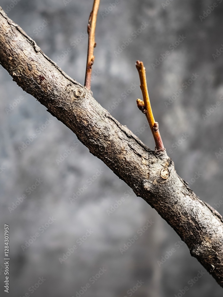 Aufkleber An intricately textured tree branch with budding twigs against a muted background : Generative AI