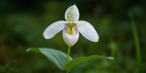 A white flower with yellow spots is in a green field. The flower is surrounded by green leaves and is the main focus of the image