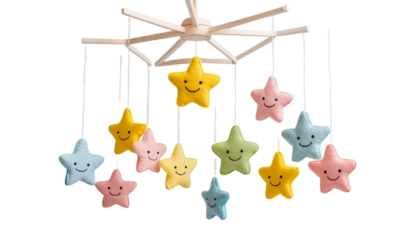 Baby mobile with smiling stars On white background PNG