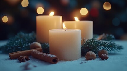 Christmas candles, glowing softly, on snowy surface, with holiday decorations in background