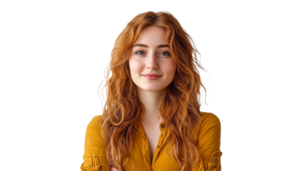 Confident red haired woman smiling indoors