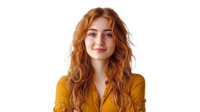Confident red haired woman smiling indoors