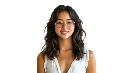 Smiling woman with wavy hair and glasses