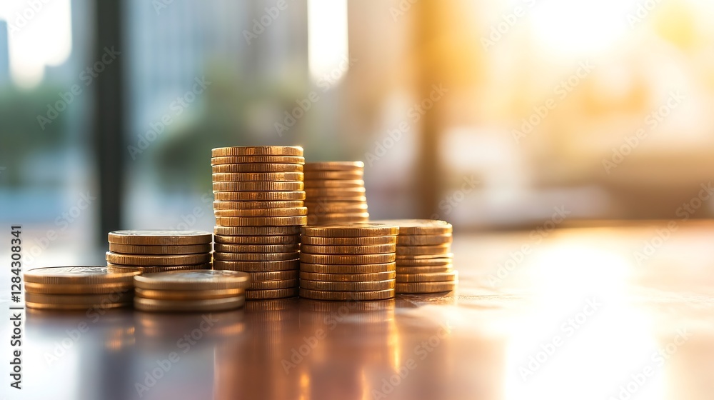 Aufkleber stacks of golden coins with warm sunlight illuminating them representing wealth and prosperity in fi
