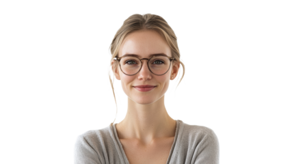 Smiling woman in glasses poses confidently indoors
