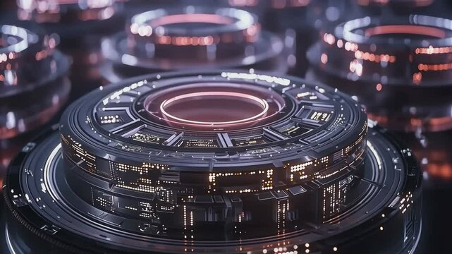 Cybernetic Core: Close-up view of a futuristic, circular technological device, featuring intricate circuitry and glowing red accents.