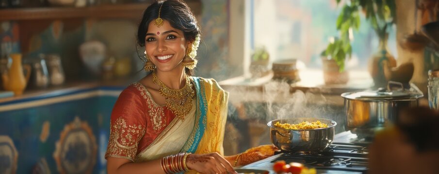 Smiling young asian female cooking traditional meal in colorful kitchen