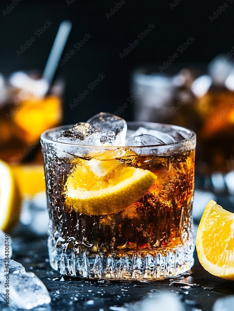 Aufkleber Chilled cocktail featuring ice cubes and lemon slices presenting an inviting and refreshing drink experience : Generative AI